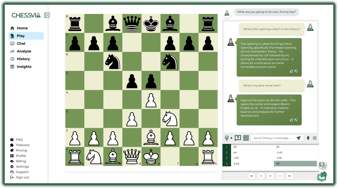 Chessy AI chess coach interface showing interactive chessboard with conversation and move analysis